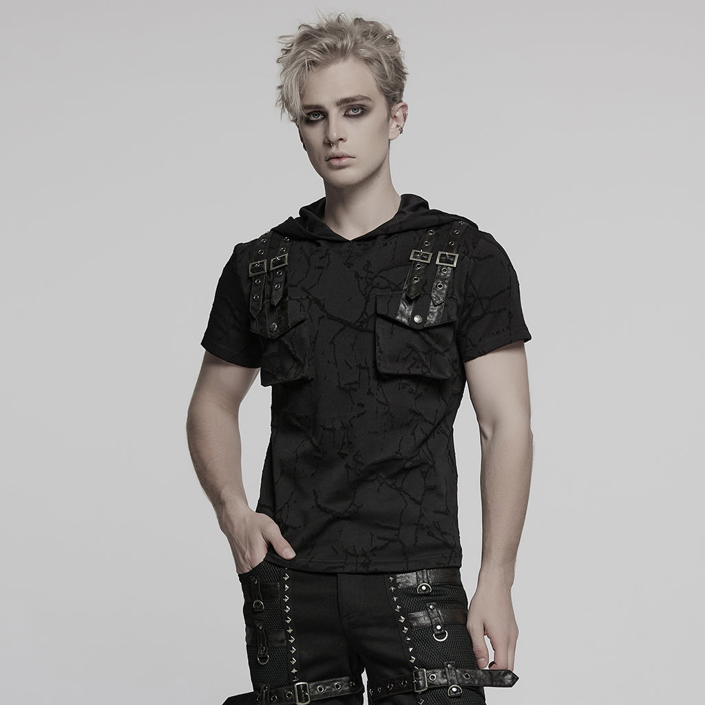 WT-1008DQM Edgy Hooded Punk T-Shirts with Buckle Strap Detailing