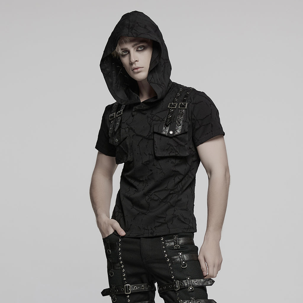 WT-1008DQM Edgy Hooded Punk T-Shirts with Buckle Strap Detailing