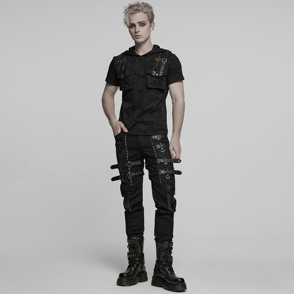 WT-1008DQM Edgy Hooded Punk T-Shirts with Buckle Strap Detailing