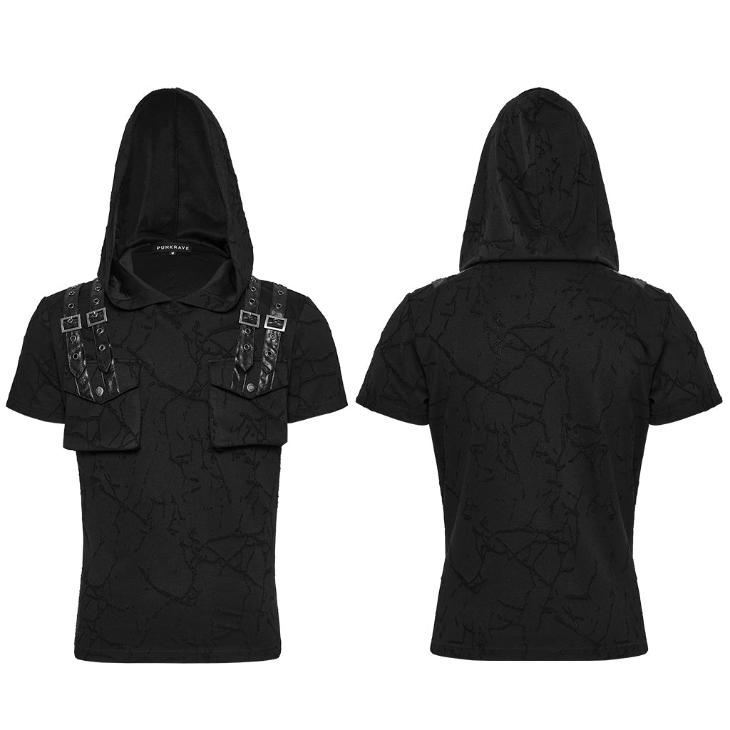 WT-1008DQM Edgy Hooded Punk T-Shirts with Buckle Strap Detailing