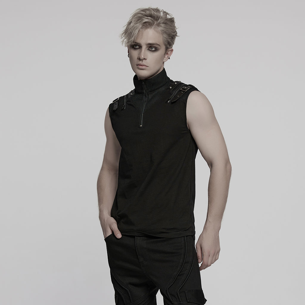 WT-1009BXM Punk T-Shirts Sleeveless Zippered High-Collar Buckled Shoulder Style
