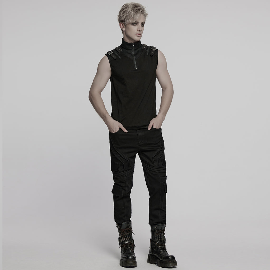 WT-1009BXM Punk T-Shirts Sleeveless Zippered High-Collar Buckled Shoulder Style