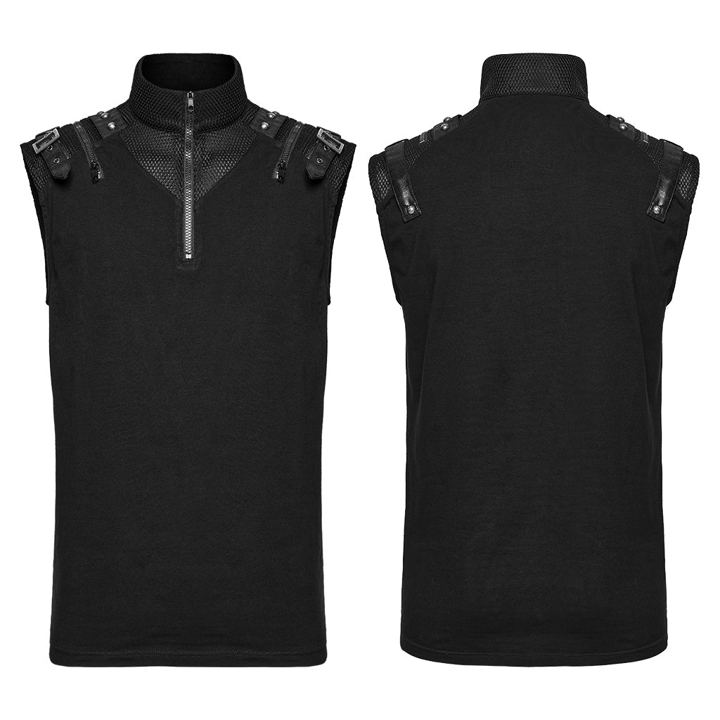 WT-1009BXM Punk T-Shirts Sleeveless Zippered High-Collar Buckled Shoulder Style