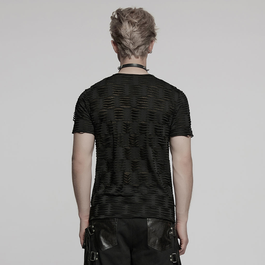 WT-1011TDM Edgy Distressed Studded Black Punk T-Shirts V-Neck Design