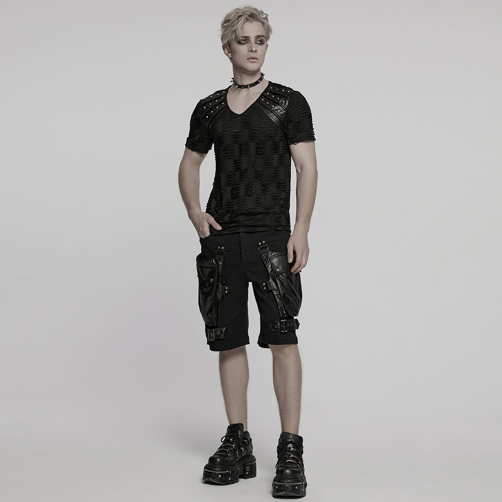 WT-1011TDM Edgy Distressed Studded Black Punk T-Shirts V-Neck Design