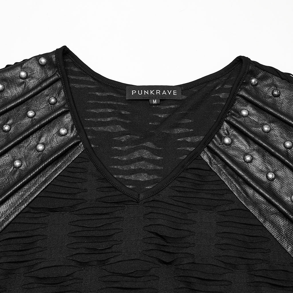 WT-1011TDM Edgy Distressed Studded Black Punk T-Shirts V-Neck Design