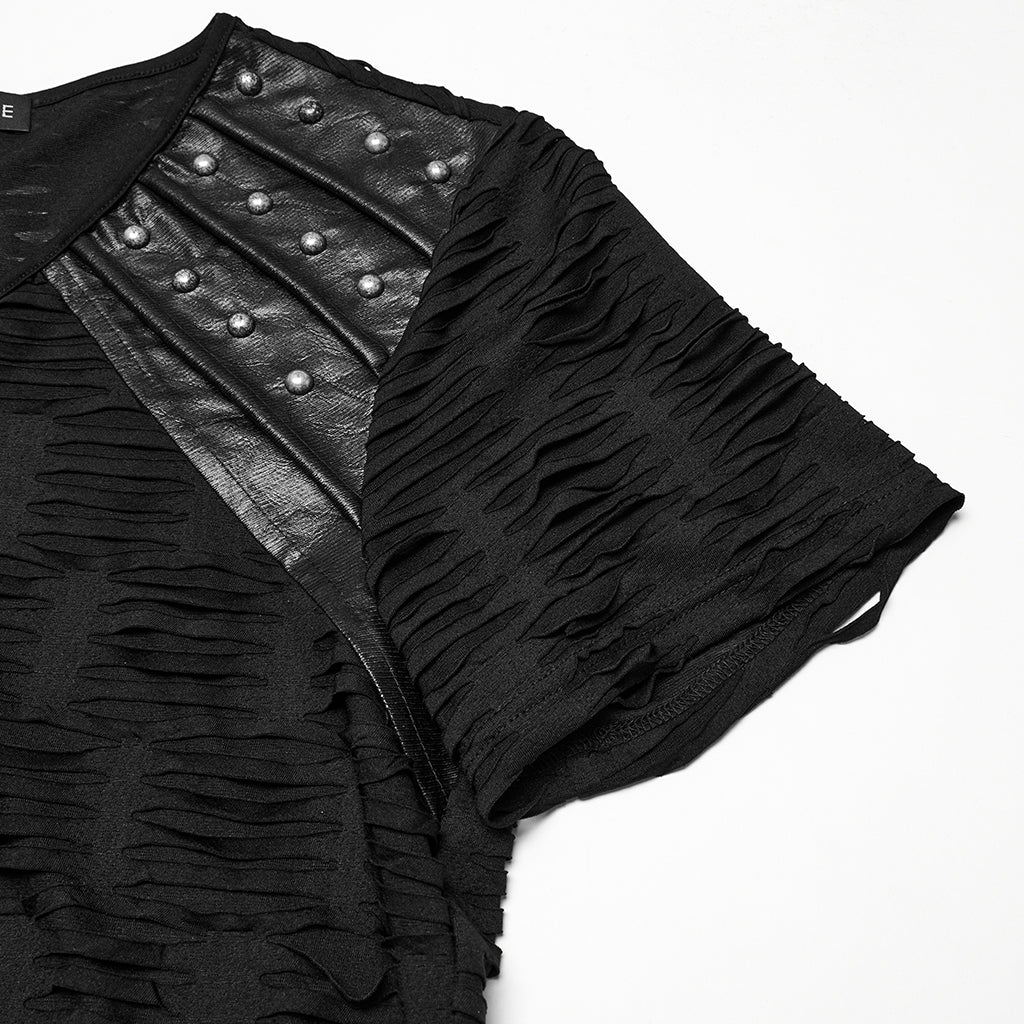 WT-1011TDM Edgy Distressed Studded Black Punk T-Shirts V-Neck Design