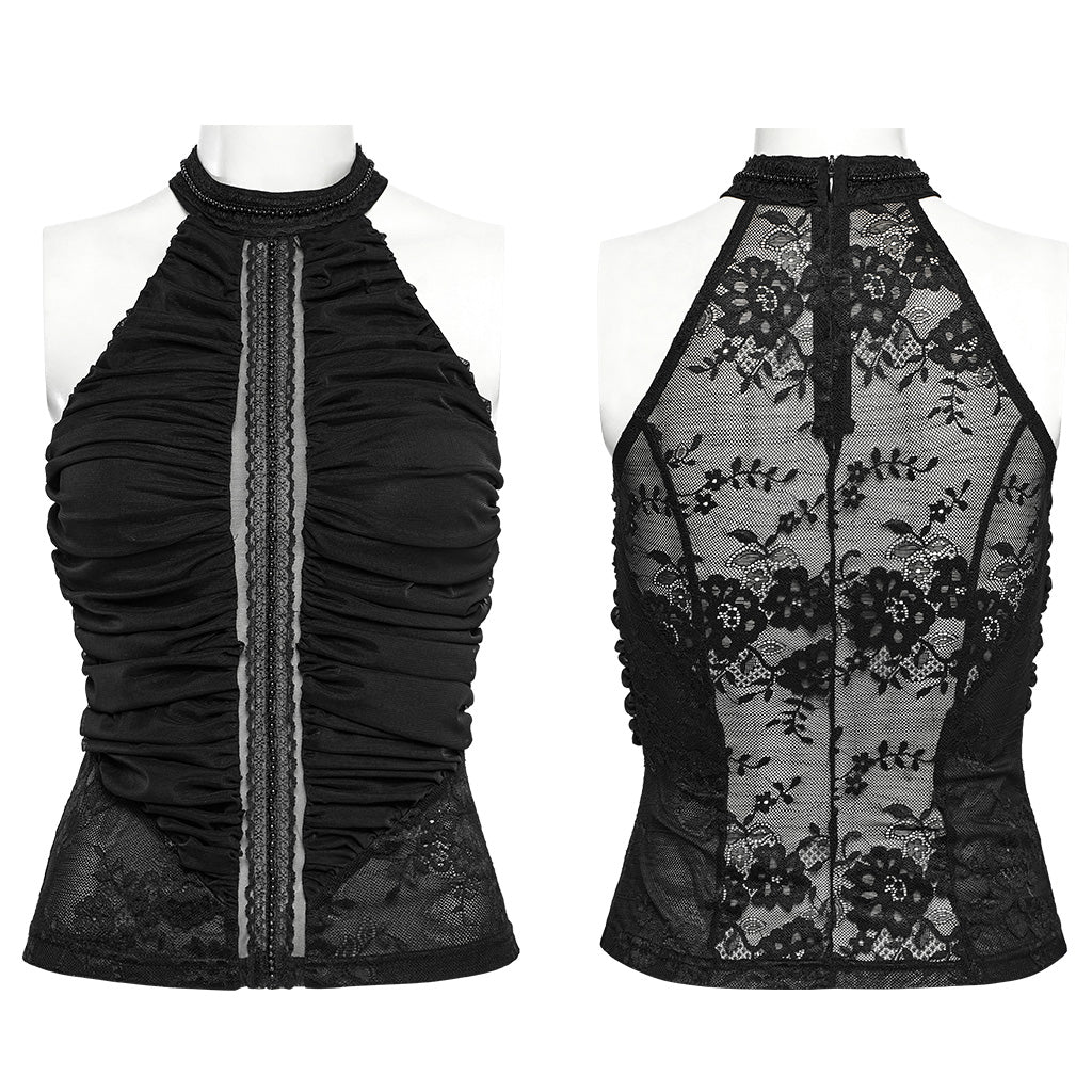 WT-1012TDF Gothic Shirts Black Halter Top Lace Detail Ruffled Design