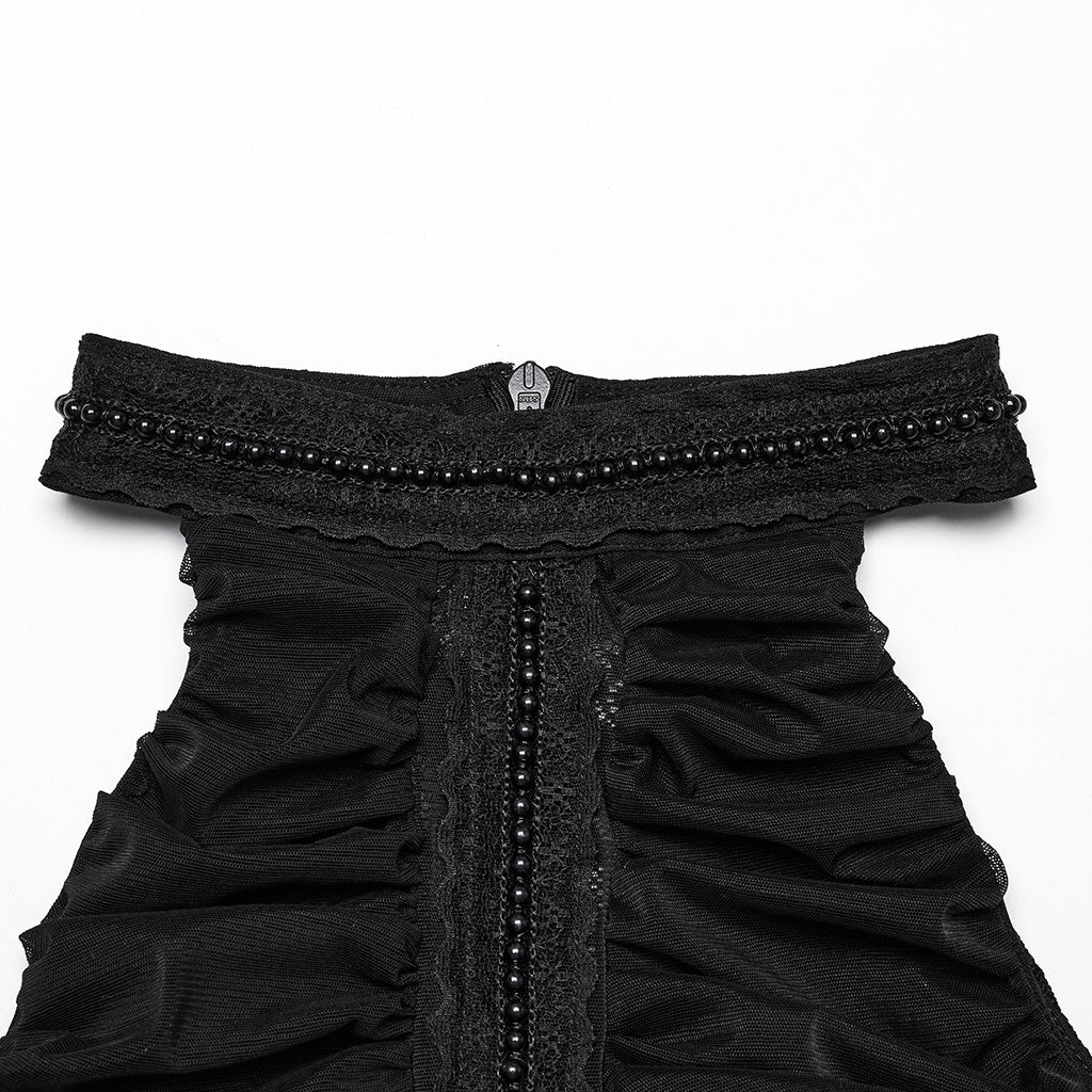 WT-1012TDF Gothic Shirts Black Halter Top Lace Detail Ruffled Design