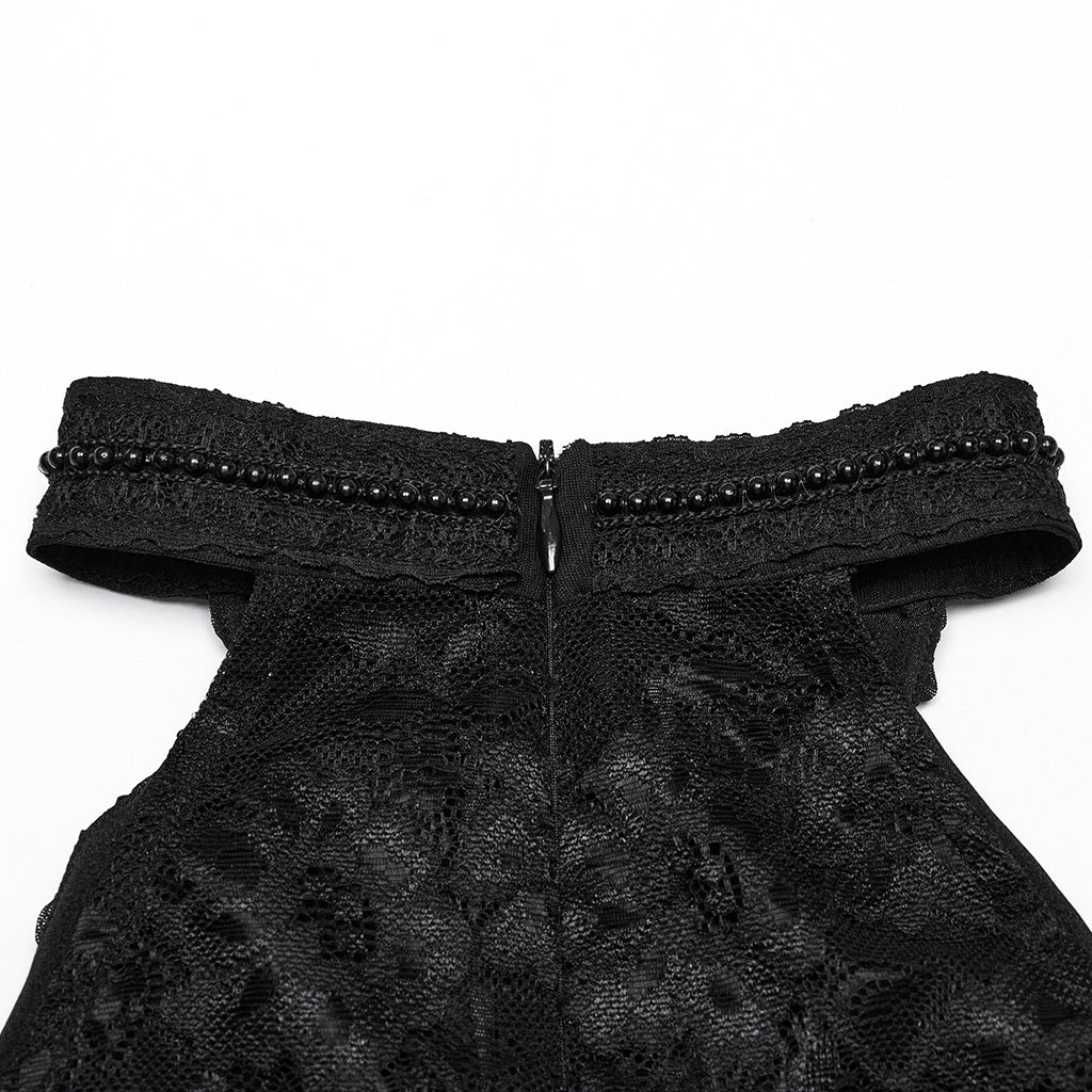 WT-1012TDF Gothic Shirts Black Halter Top Lace Detail Ruffled Design
