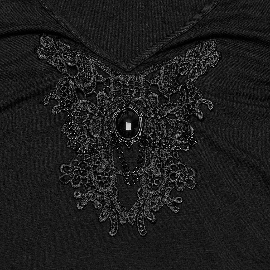 WT-1013TDF Gothic T-Shirts V-Neck Black Lace Embellished Top