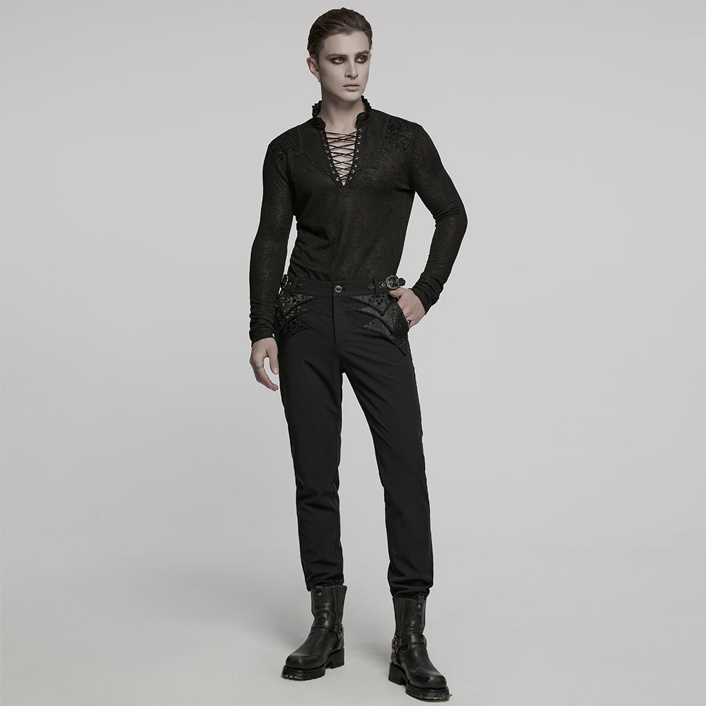 WT-1015TCM Gothic T-Shirts Lace-Up Embroidered Long Sleeve Top Men