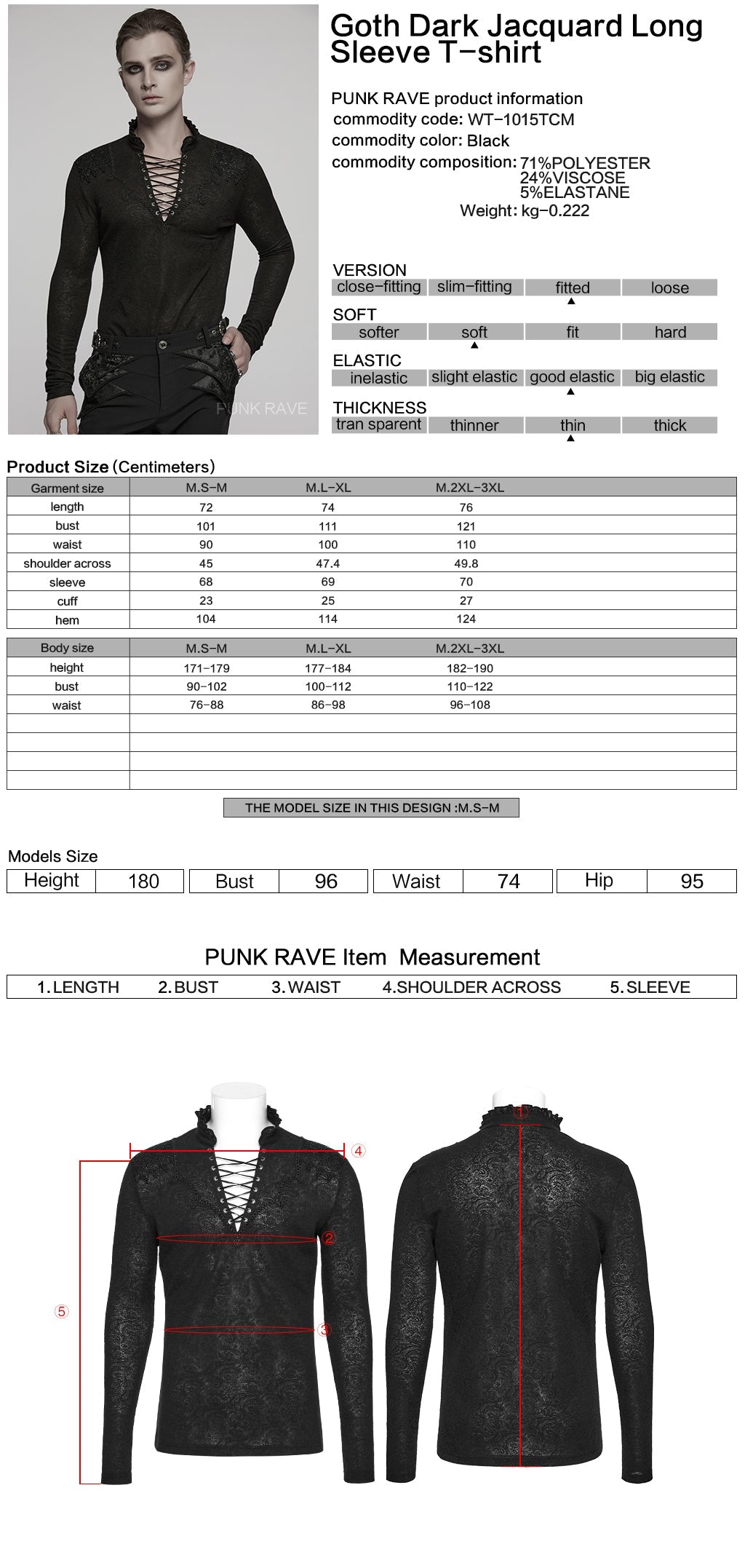 WT-1015TCM Gothic T-Shirts Lace-Up Embroidered Long Sleeve Top Men