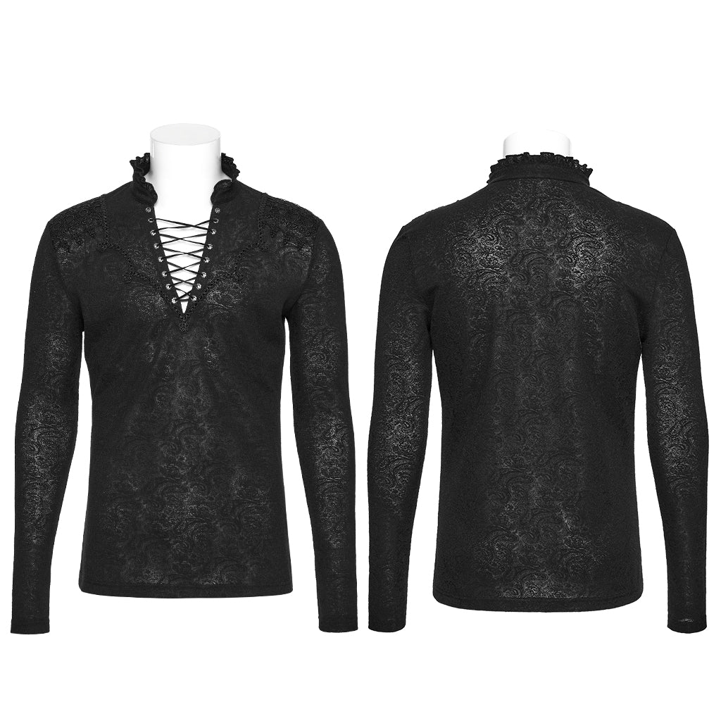 WT-1015TCM Gothic T-Shirts Lace-Up Embroidered Long Sleeve Top Men