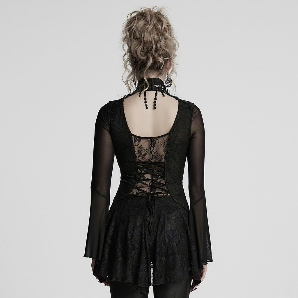 WT-1019TCF Gothic T-Shirts Lace Embroidered Sheer Sleeve Elegance Top
