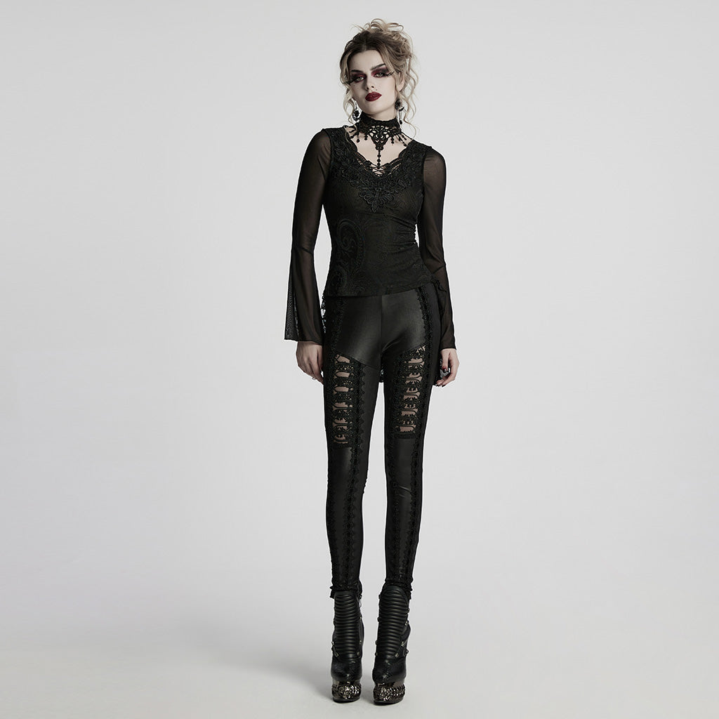 WT-1019TCF Gothic T-Shirts Lace Embroidered Sheer Sleeve Elegance Top