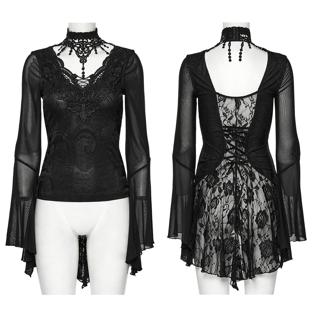 WT-1019TCF Gothic T-Shirts Lace Embroidered Sheer Sleeve Elegance Top