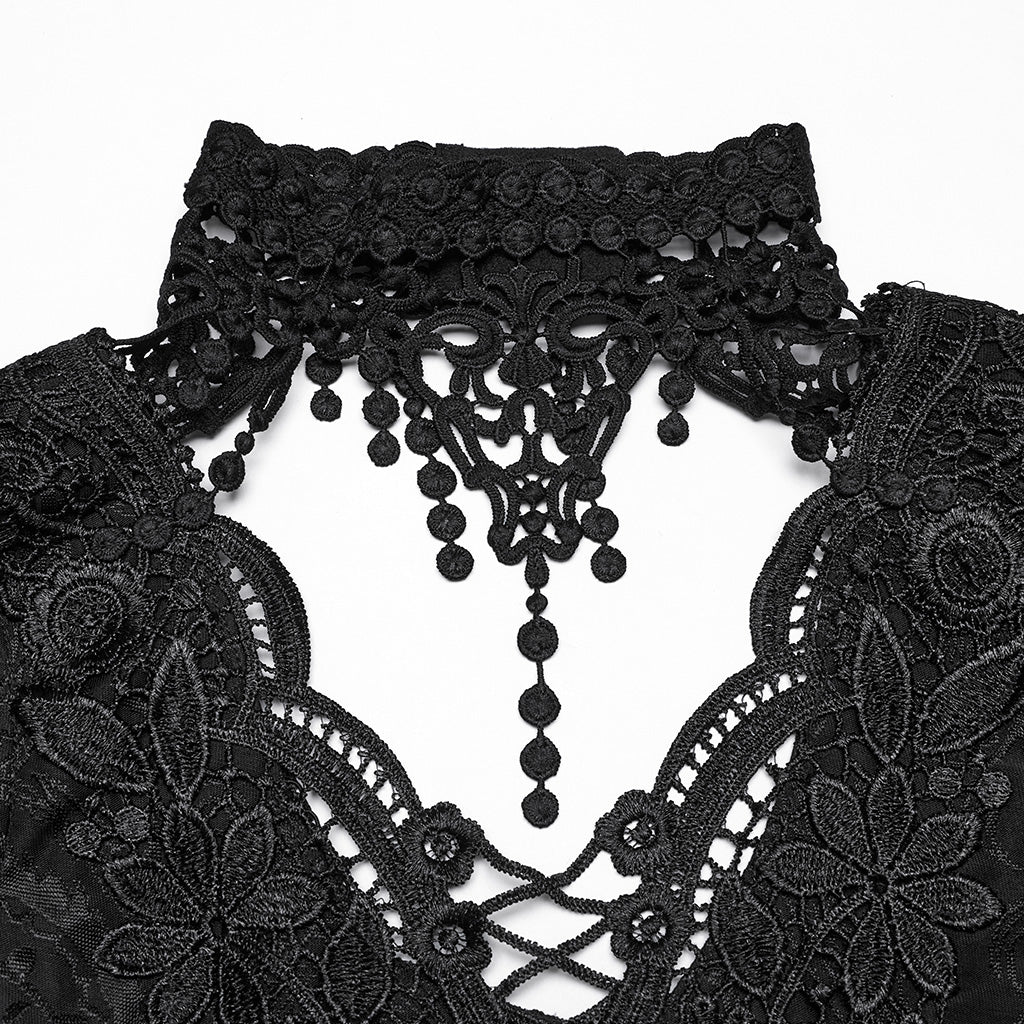 WT-1019TCF Gothic T-Shirts Lace Embroidered Sheer Sleeve Elegance Top