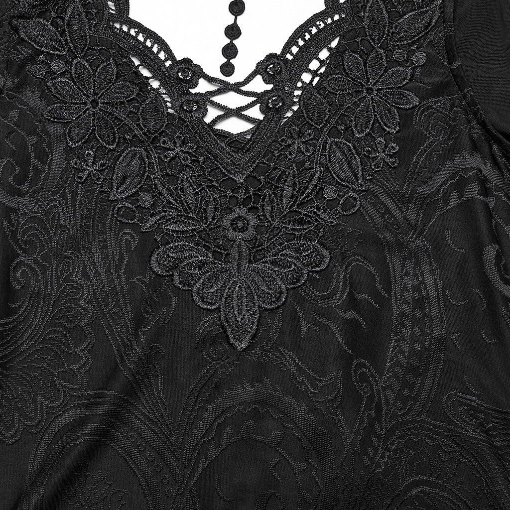 WT-1019TCF Gothic T-Shirts Lace Embroidered Sheer Sleeve Elegance Top