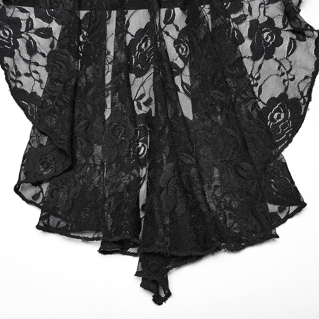 WT-1019TCF Gothic T-Shirts Lace Embroidered Sheer Sleeve Elegance Top