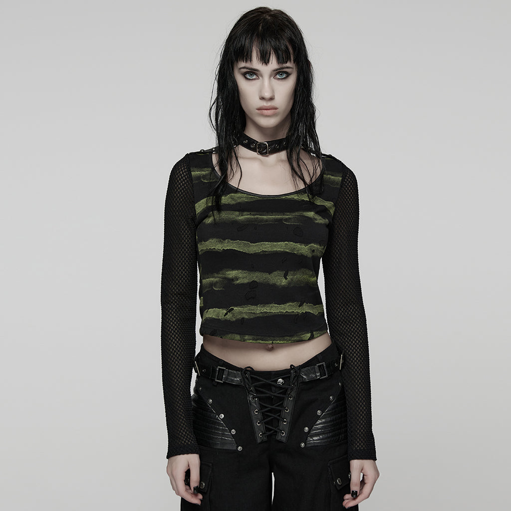 WT-1022TCF Edgy Gothic T-Shirt with Mesh Sleeves and Distressed Stripes