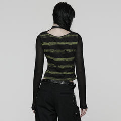 WT-1022TCF Edgy Gothic T-Shirt with Mesh Sleeves and Distressed Stripes