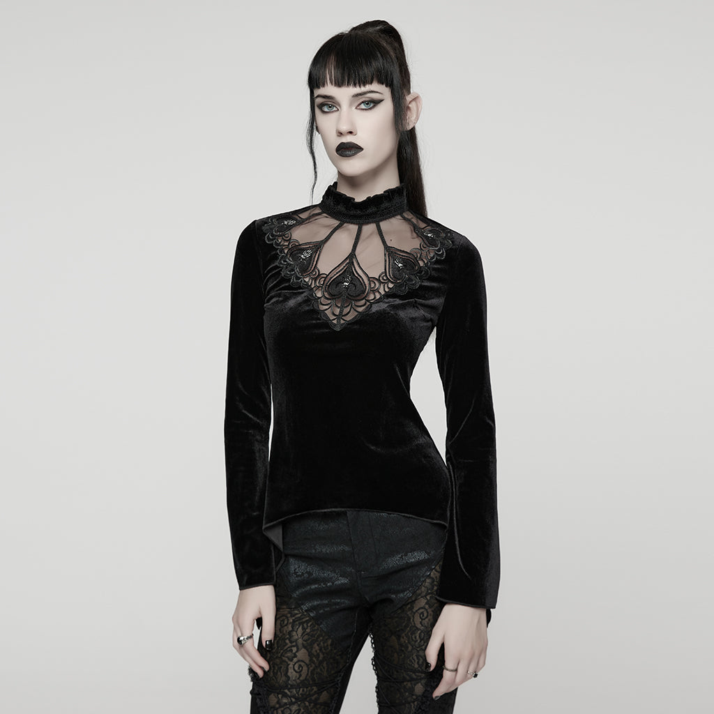 WT-1023TCF Velvet Gothic T-Shirts Mesh Hearts Lace Design Long Sleeve