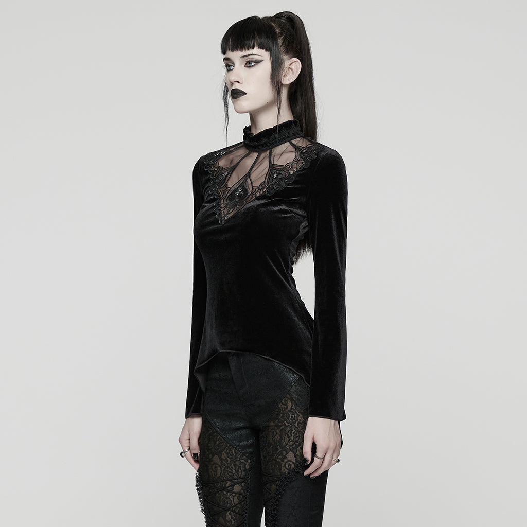 WT-1023TCF Velvet Gothic T-Shirts Mesh Hearts Lace Design Long Sleeve