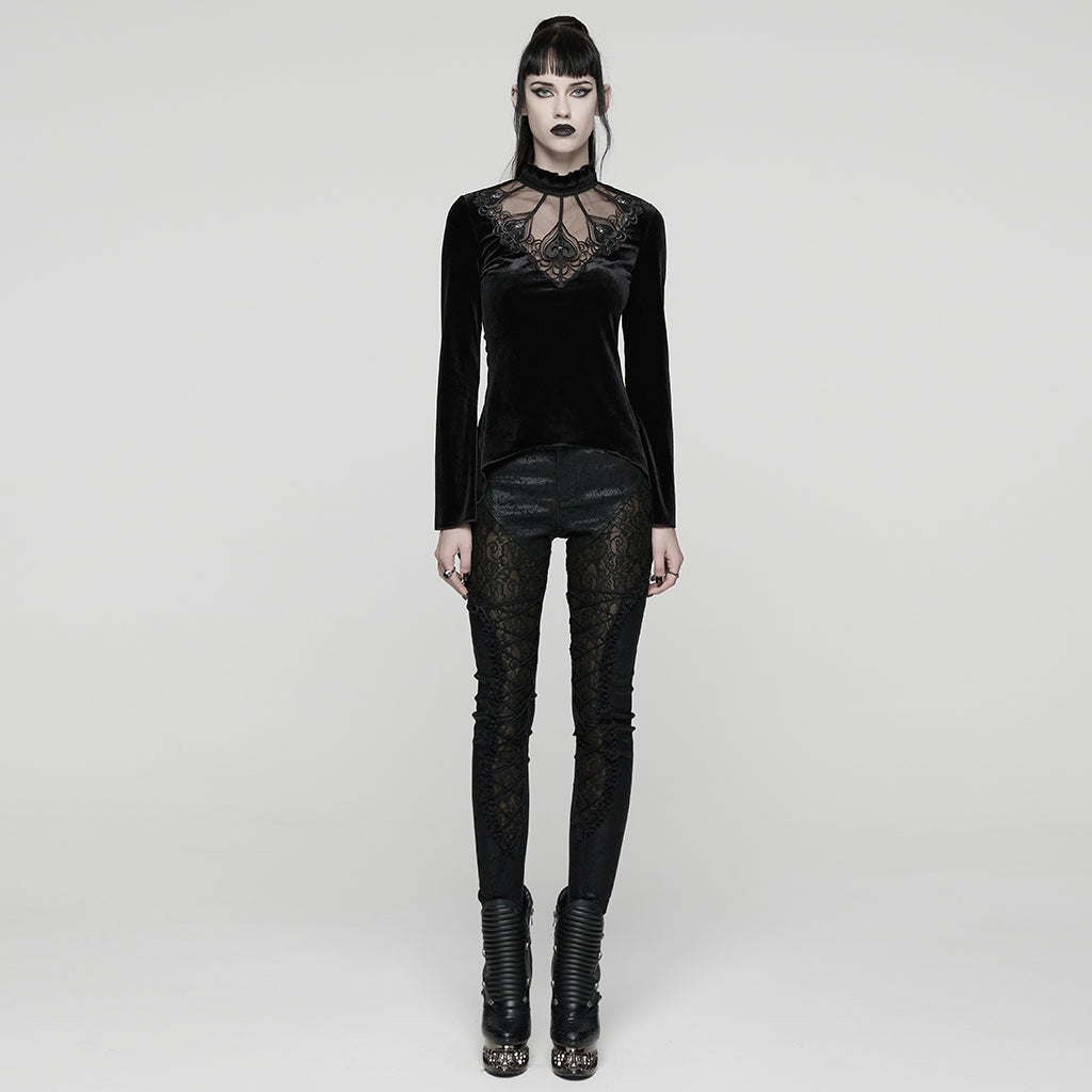 WT-1023TCF Velvet Gothic T-Shirts Mesh Hearts Lace Design Long Sleeve