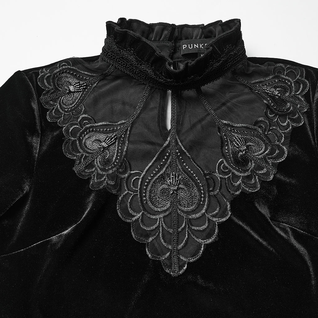 WT-1023TCF Velvet Gothic T-Shirts Mesh Hearts Lace Design Long Sleeve