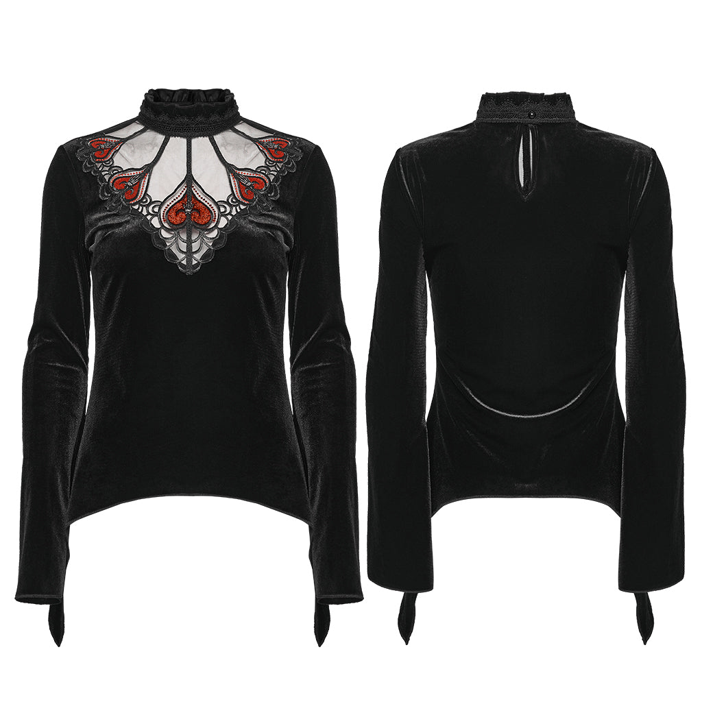 WT-1023TCF Velvet Gothic T-Shirts Mesh Hearts Lace Design Long Sleeve