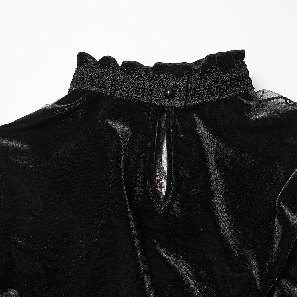 WT-1023TCF Velvet Gothic T-Shirts Mesh Hearts Lace Design Long Sleeve