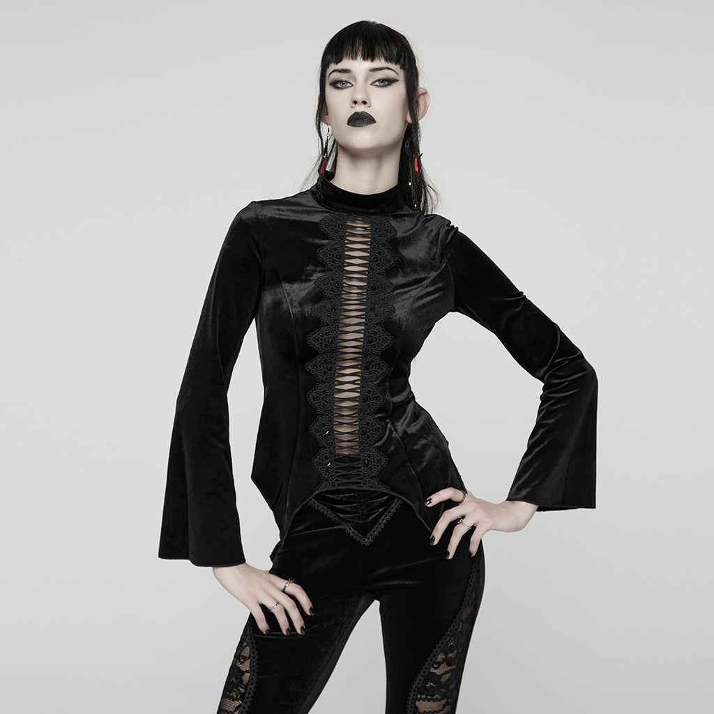 WT-1028TCF Velvet Gothic Shirt Lace-Up Front Bell Sleeves