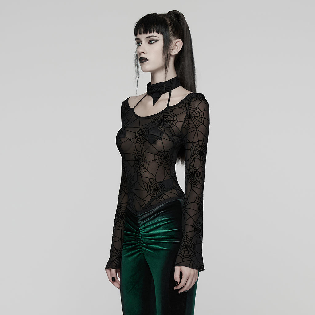 WT-1029TCF Gothic T-Shirts Sheer Spiderweb Long Sleeve Top Choker Set