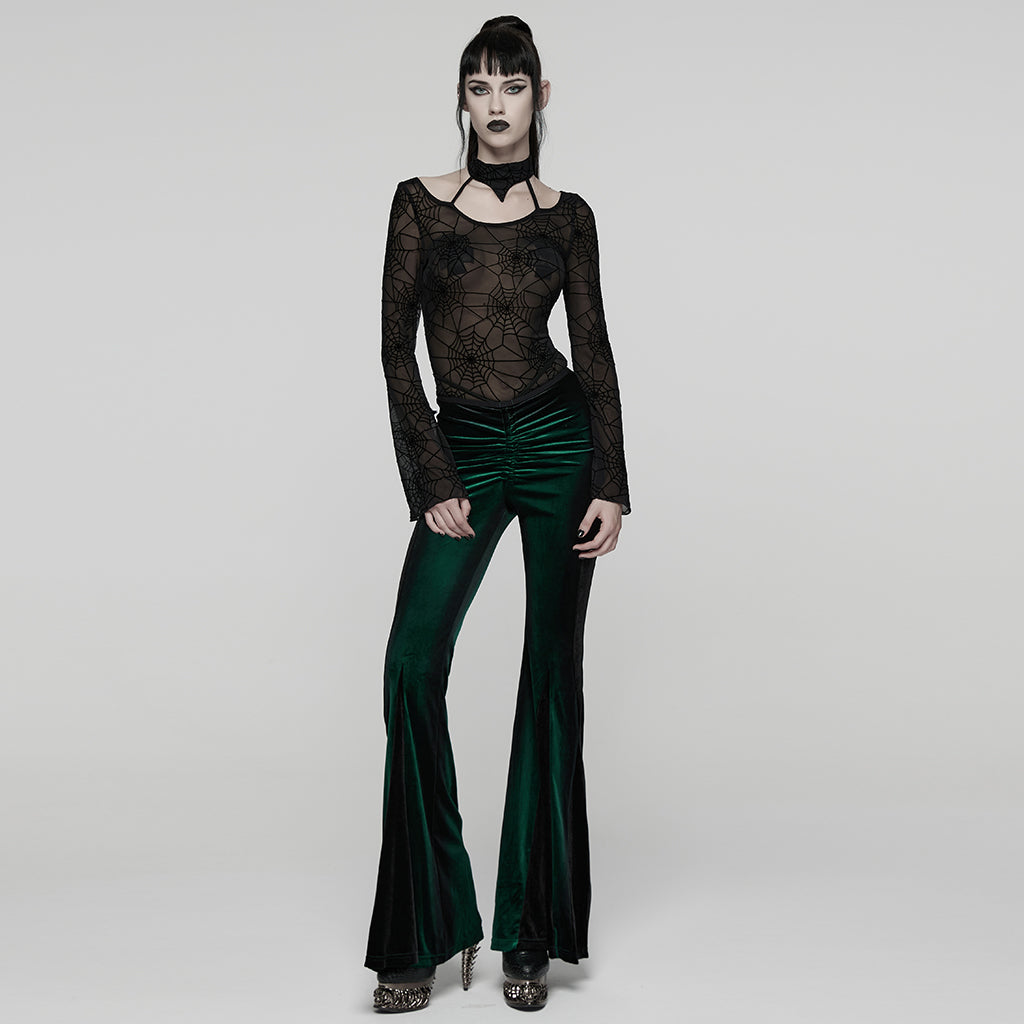 WT-1029TCF Gothic T-Shirts Sheer Spiderweb Long Sleeve Top Choker Set