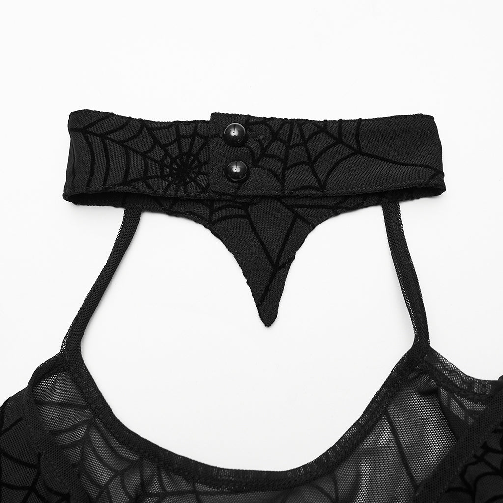 WT-1029TCF Gothic T-Shirts Sheer Spiderweb Long Sleeve Top Choker Set
