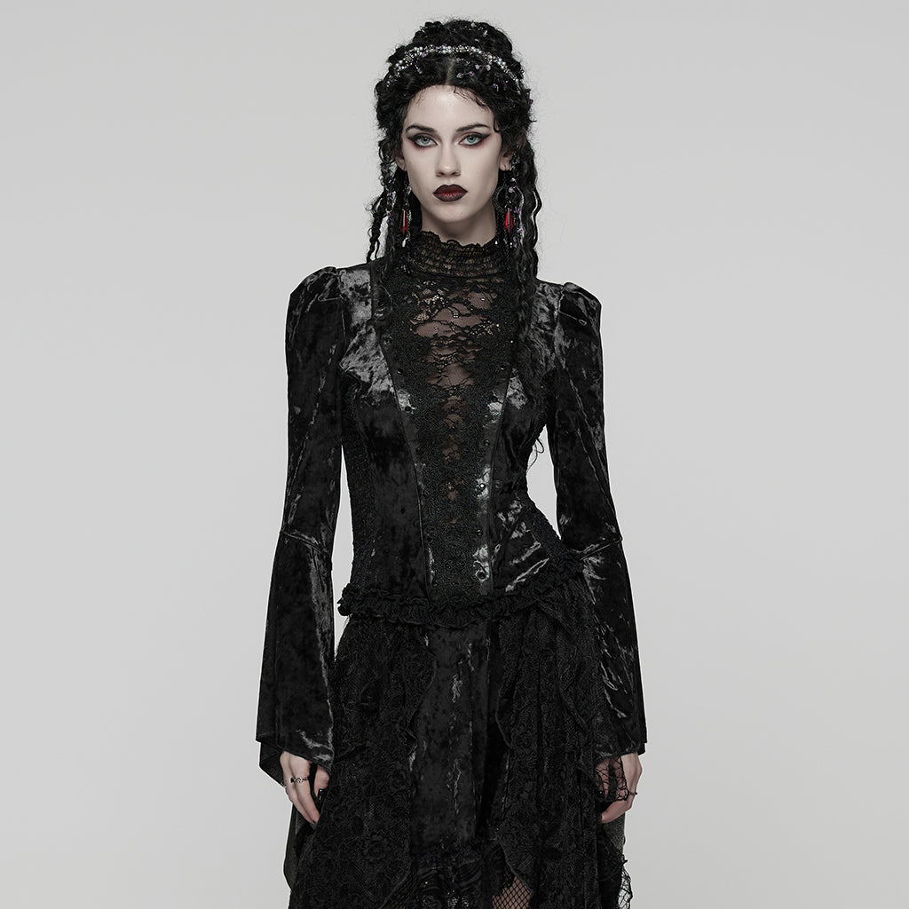 WT-1031TCF Velvet Lace Gothic Shirts Victorian Long Sleeve Top
