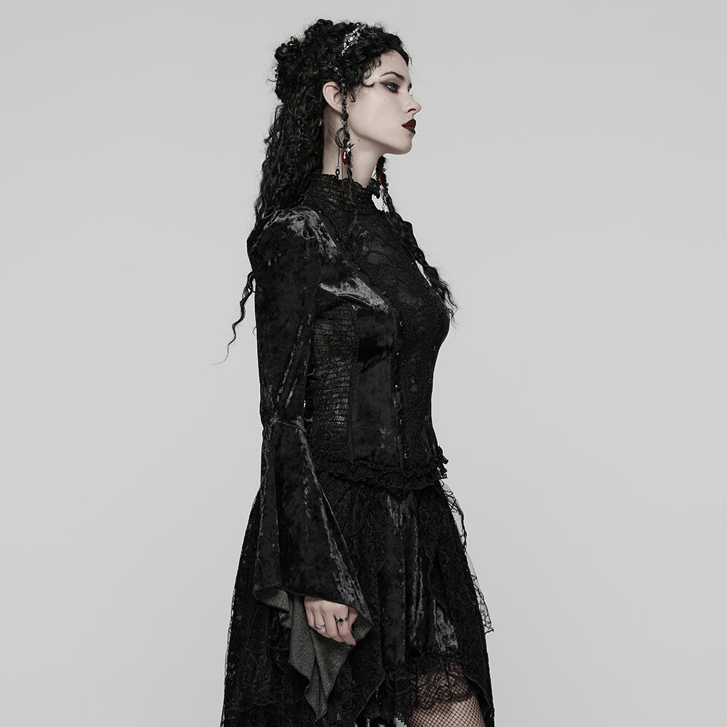 WT-1031TCF Velvet Lace Gothic Shirts Victorian Long Sleeve Top