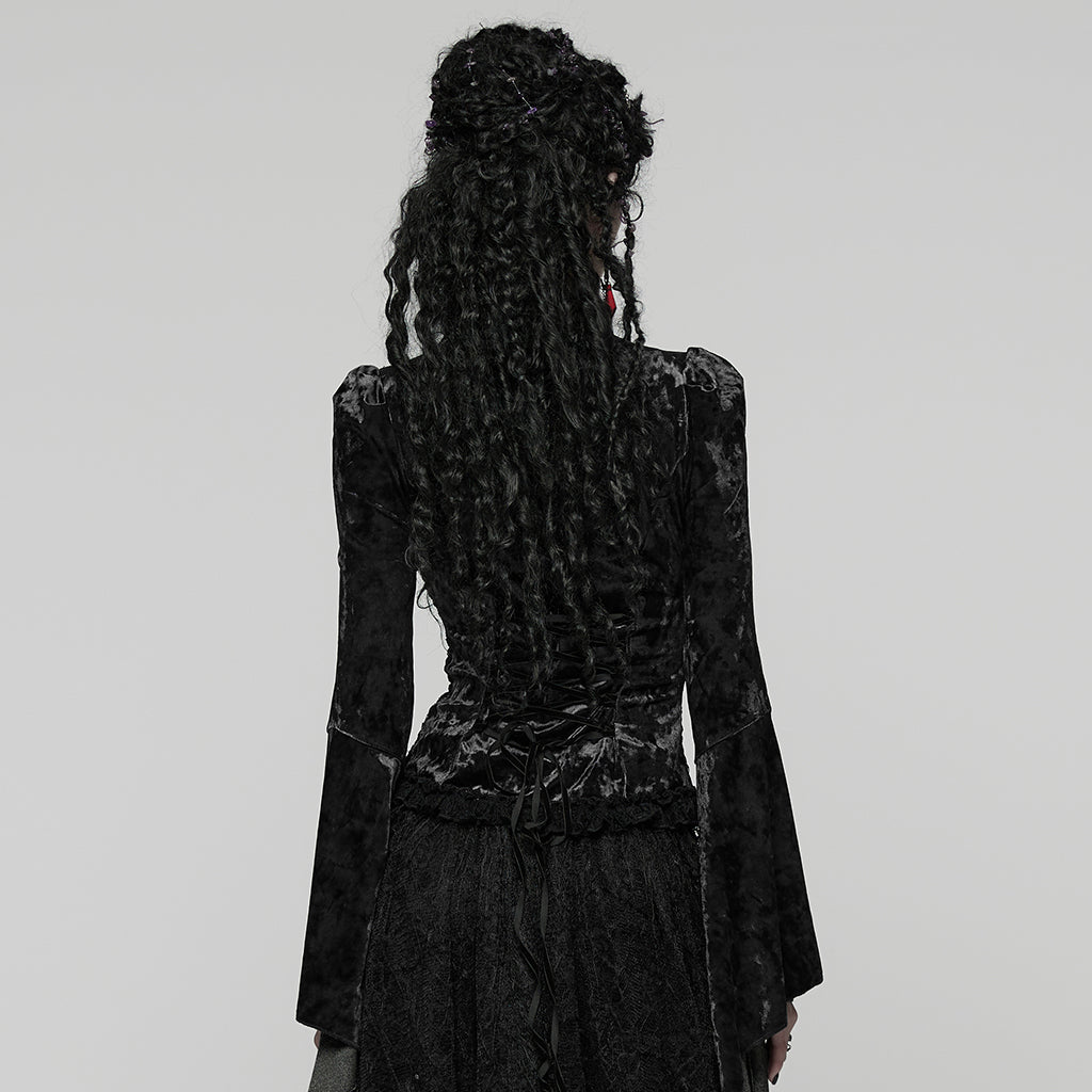 WT-1031TCF Velvet Lace Gothic Shirts Victorian Long Sleeve Top