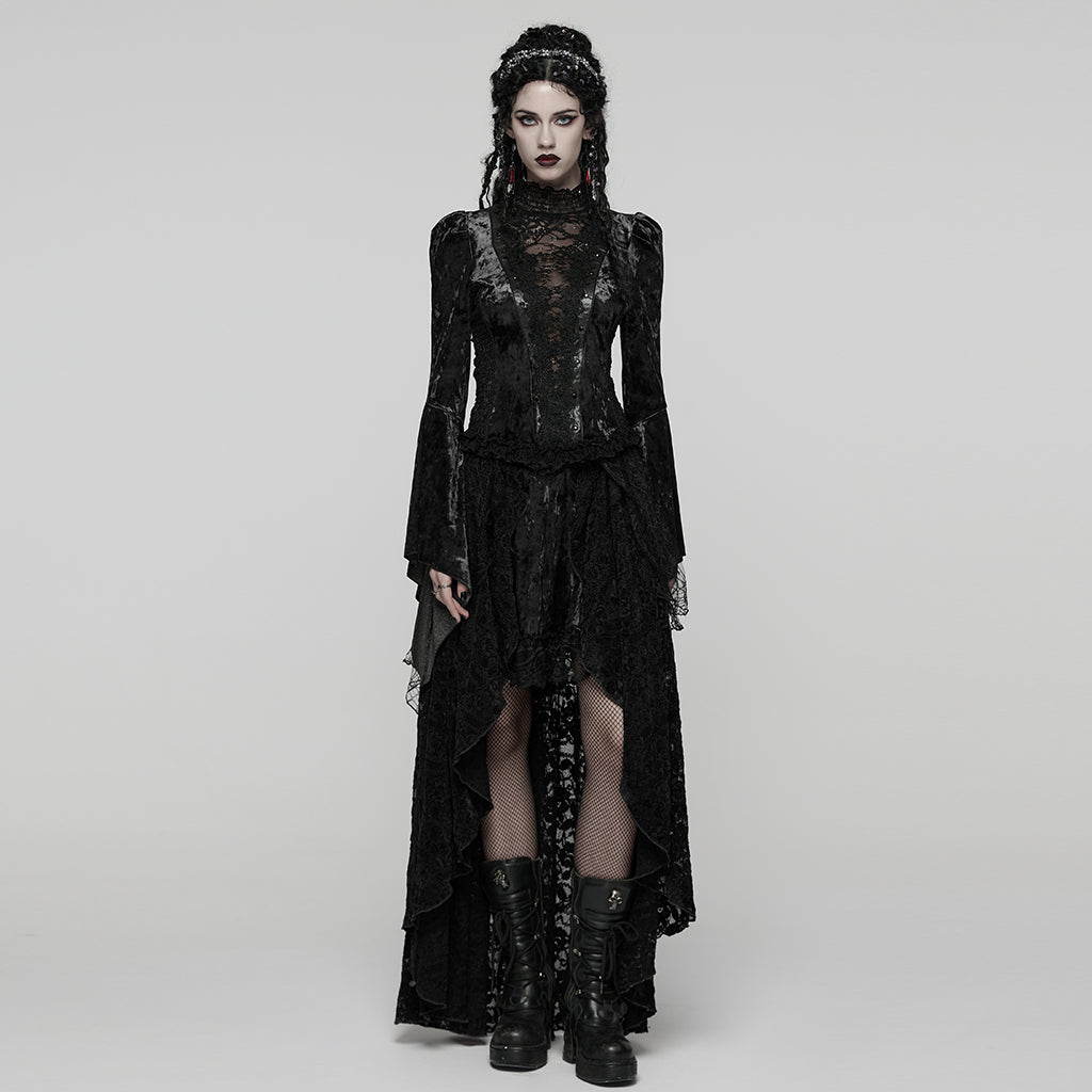 WT-1031TCF Velvet Lace Gothic Shirts Victorian Long Sleeve Top