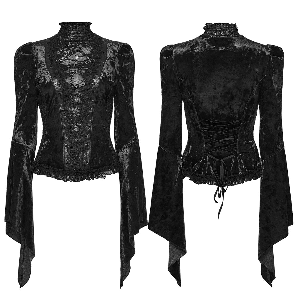 WT-1031TCF Velvet Lace Gothic Shirts Victorian Long Sleeve Top