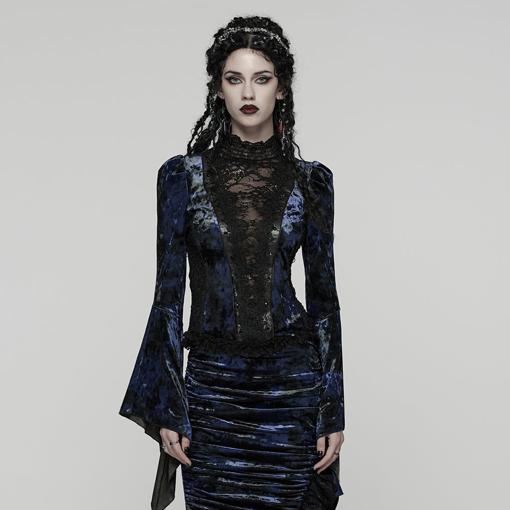 WT-1031TCF Velvet Lace Gothic Shirts Victorian Long Sleeve Top