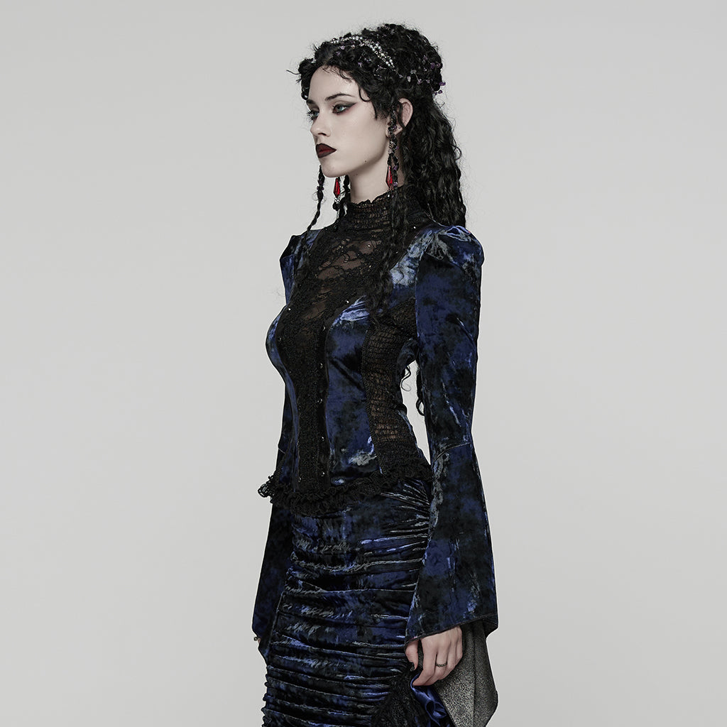 WT-1031TCF Velvet Lace Gothic Shirts Victorian Long Sleeve Top