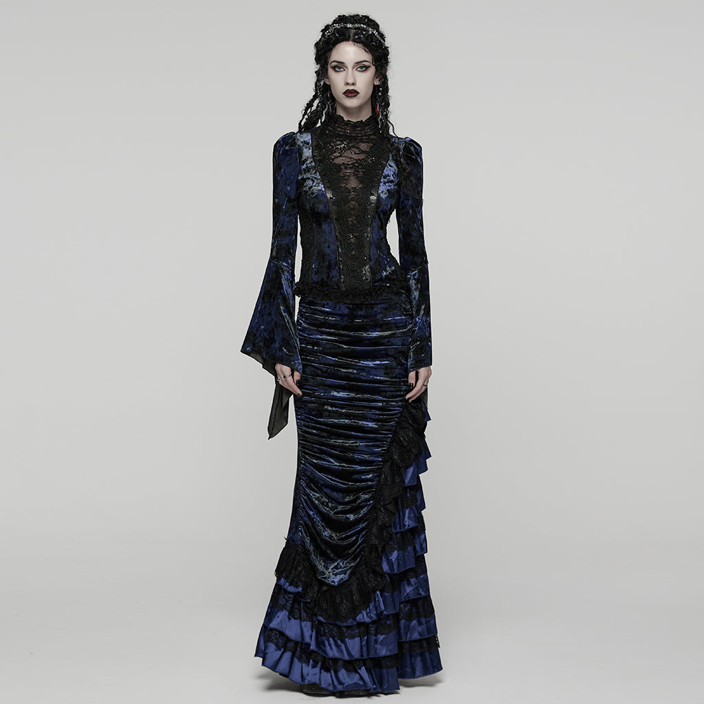 WT-1031TCF Velvet Lace Gothic Shirts Victorian Long Sleeve Top