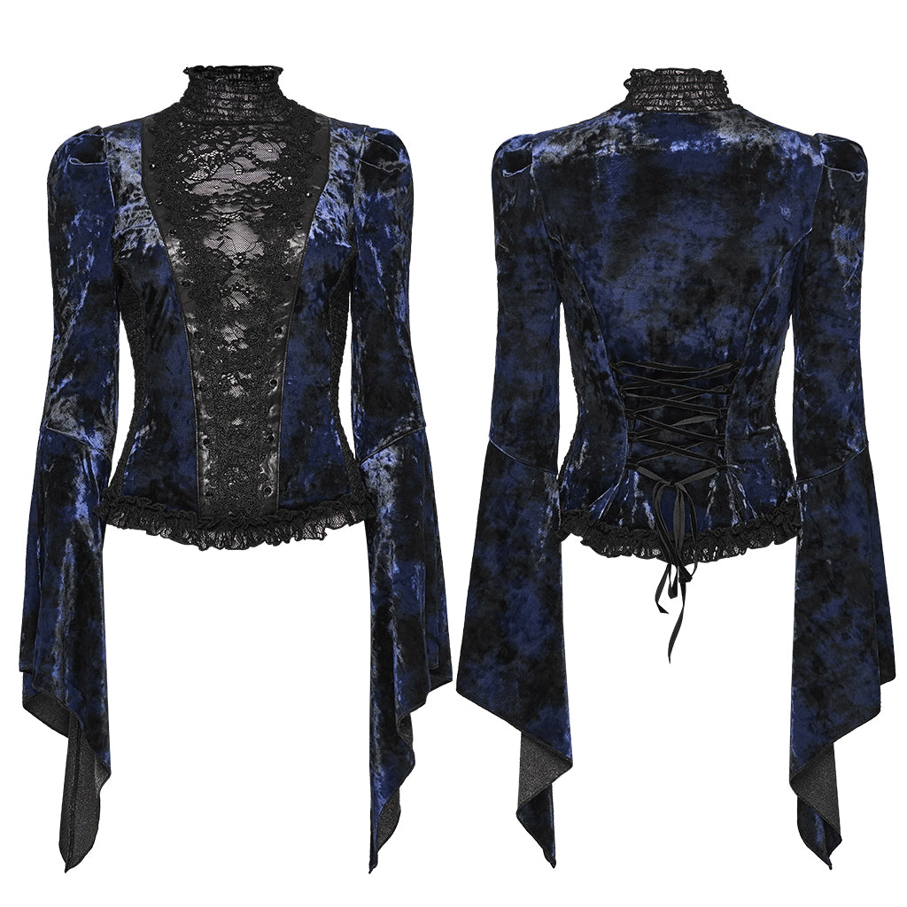 WT-1031TCF Velvet Lace Gothic Shirts Victorian Long Sleeve Top