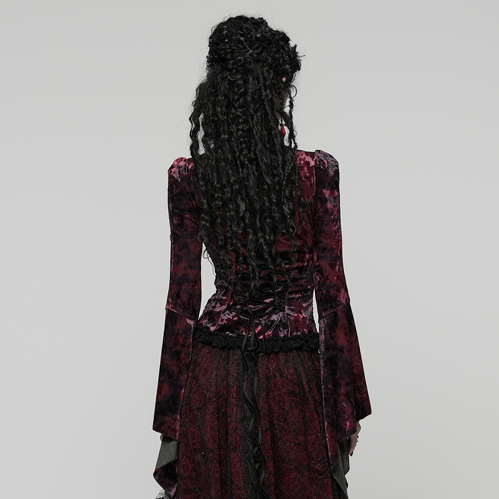 WT-1031TCF Velvet Lace Gothic Shirts Victorian Long Sleeve Top