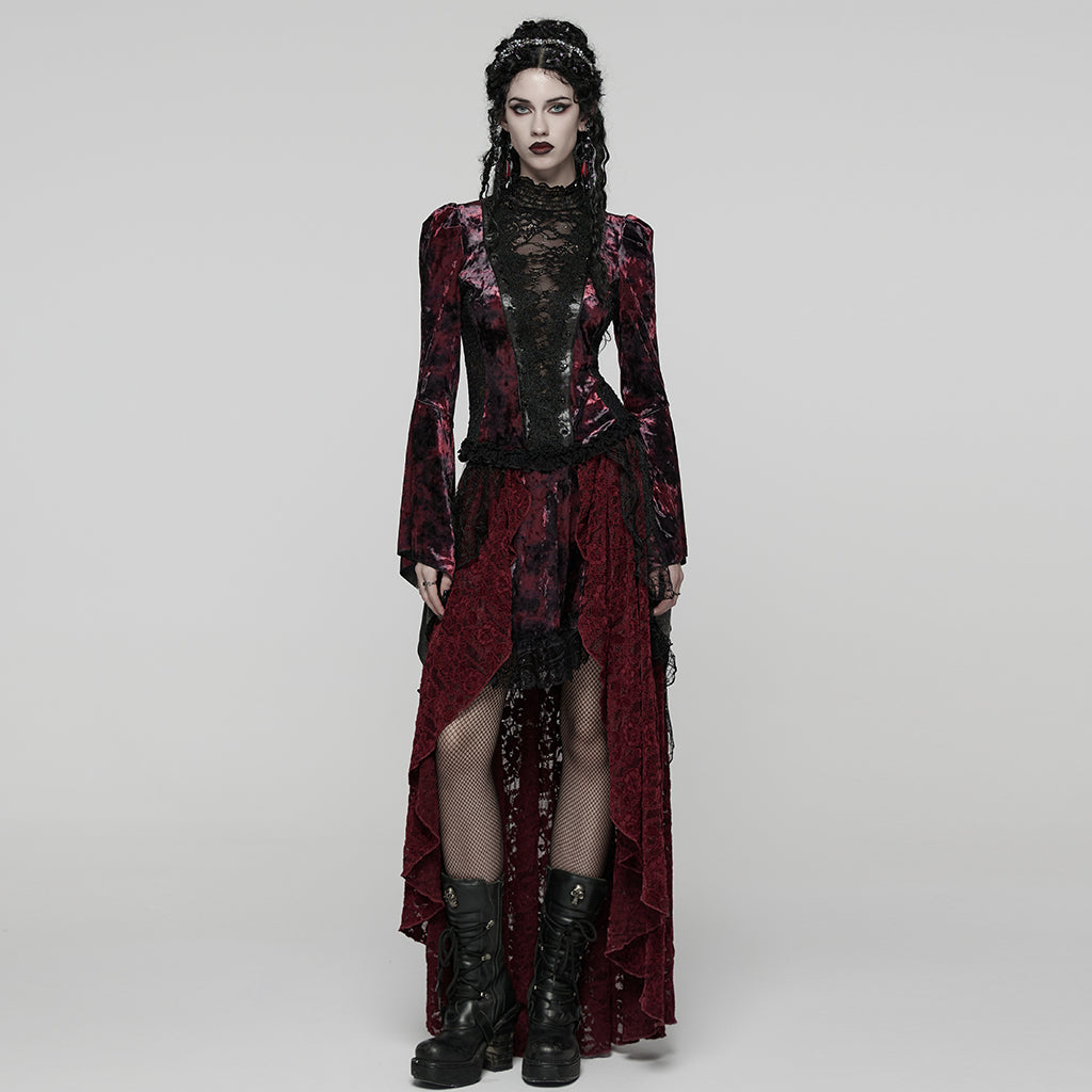 WT-1031TCF Velvet Lace Gothic Shirts Victorian Long Sleeve Top