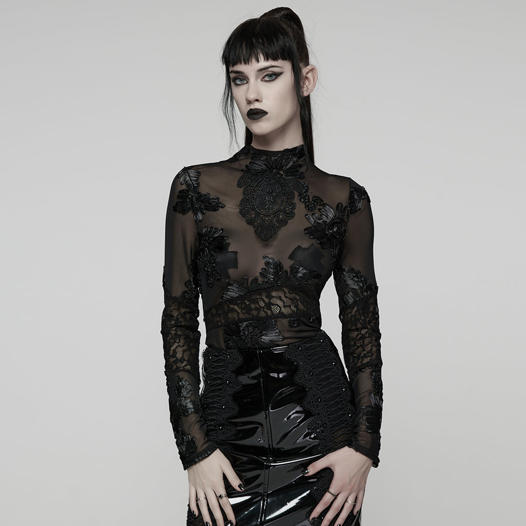 WT-1032TCF Gothic Lace Mesh Floral Long Sleeve Top