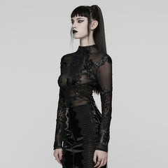 WT-1032TCF Gothic Lace Mesh Floral Long Sleeve Top