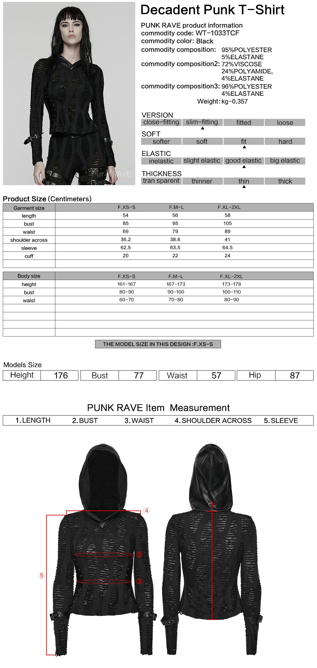 WT-1033TCF Edgy Punk T-Shirts Black Gothic Cutout Buckle Design